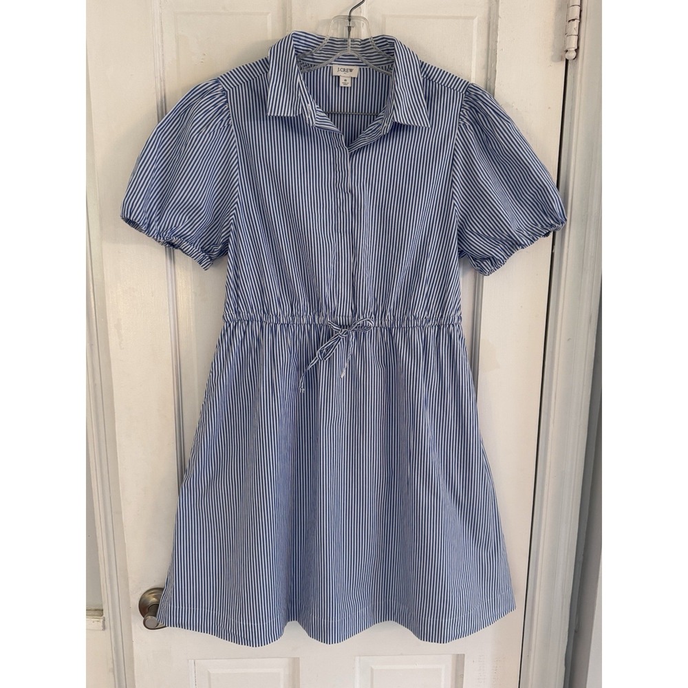 J. Crew Blue White Striped Puff Sleeve Shirtdress Size 8 Cotton Blend Pockets